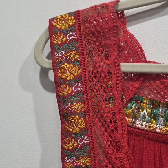 Free People Boho Crochet Lace Embroidered Red Tank Top Festival Peasant Blouse S - Picture 4 of 9